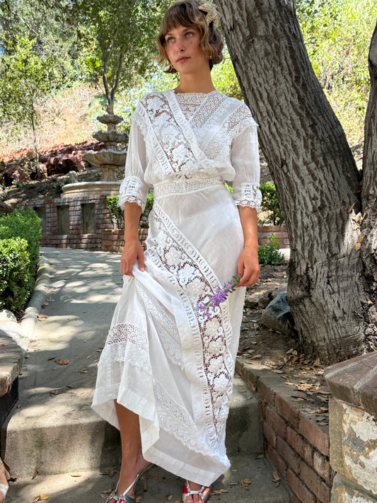 Edwardian Cotton Lace Inlay Lawn Dress