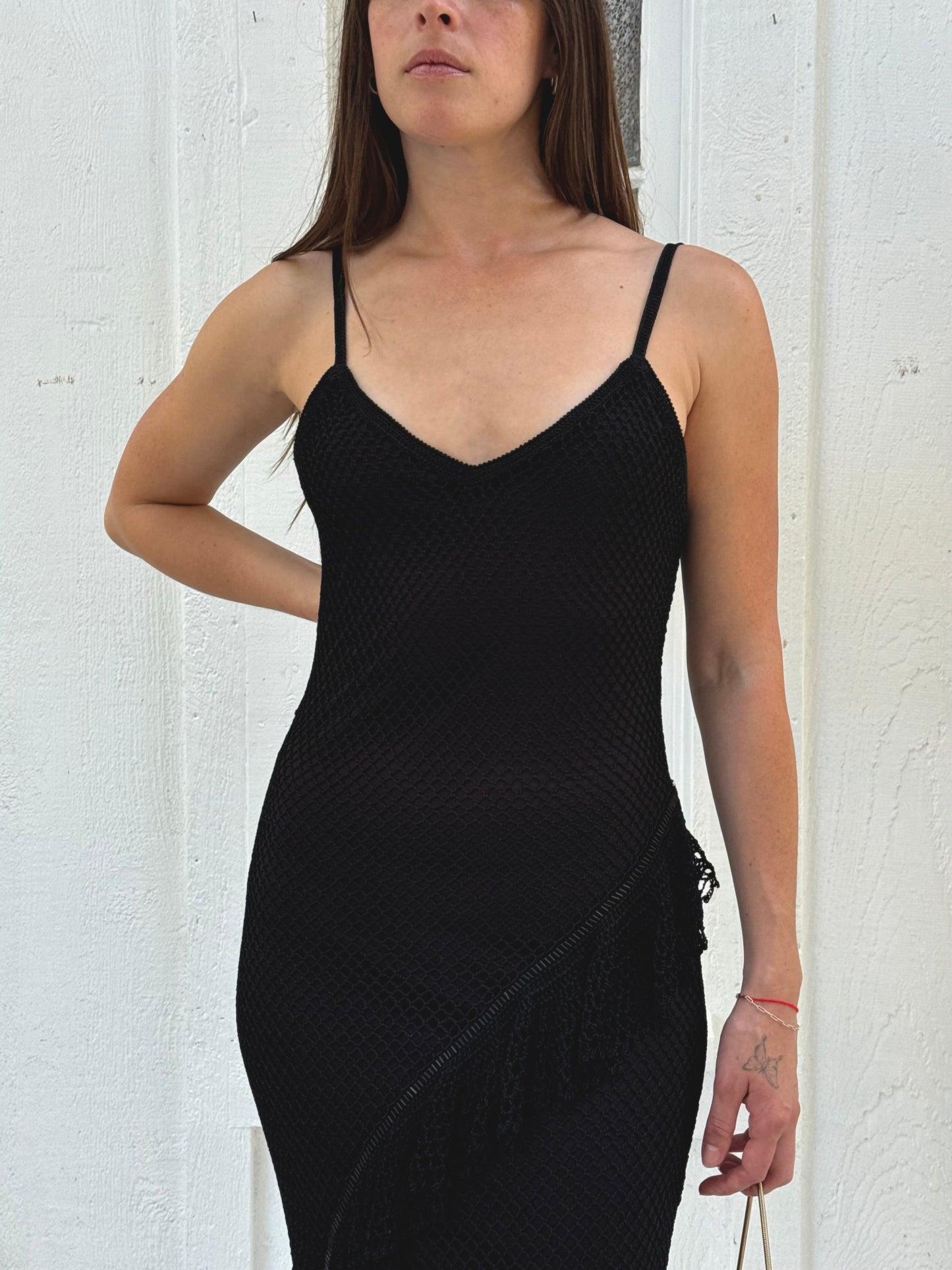 1990s Cache Black Beaded Crochet Asymmetrical Midi Dress