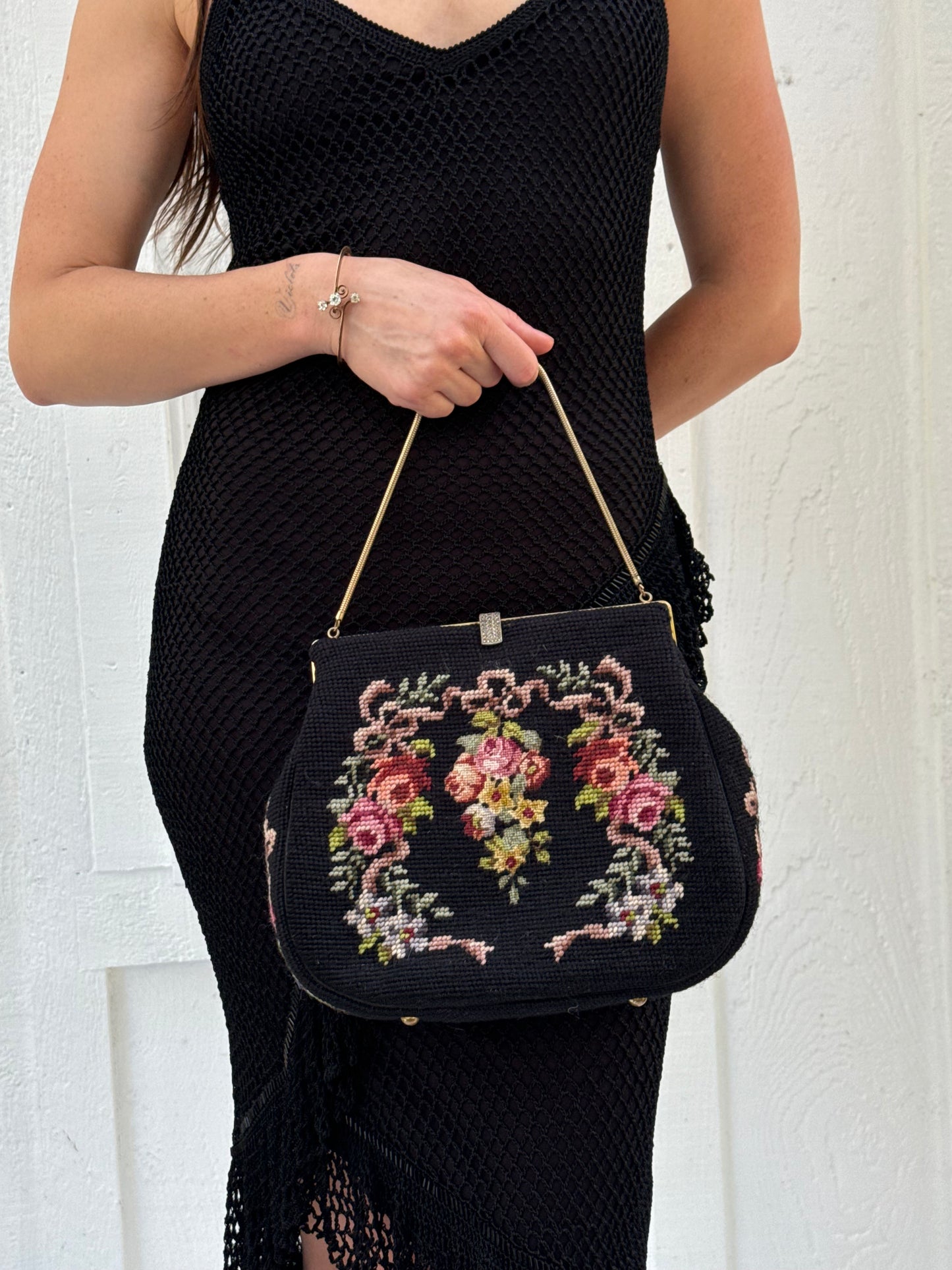 1950s Black Floral Needlepoint Tapestry Handbag with Accessories