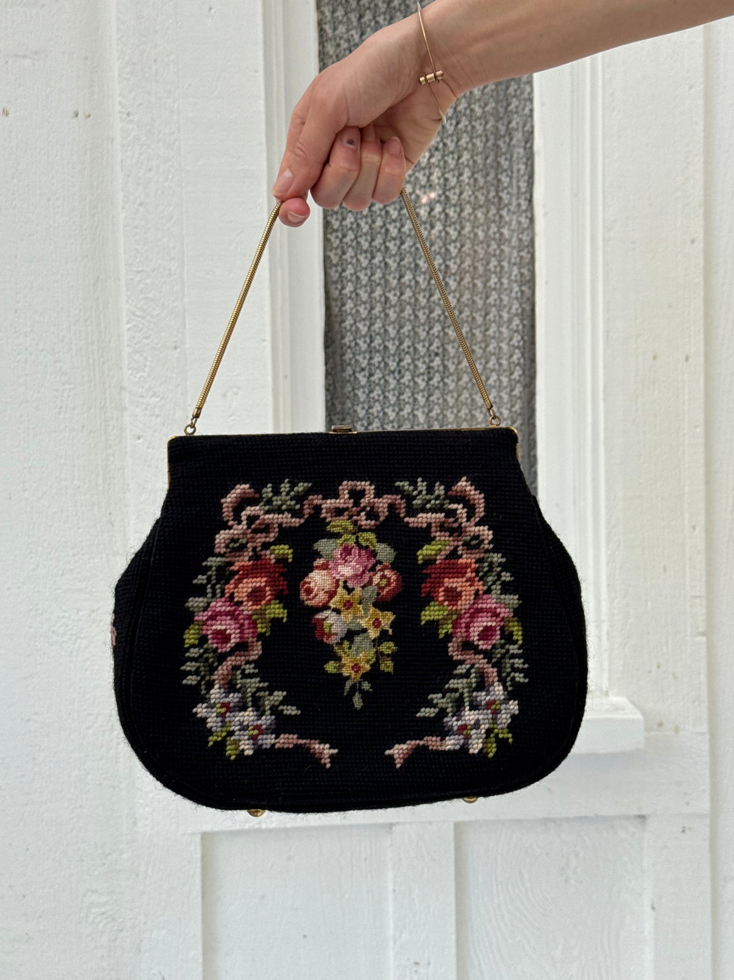 1950s Black Floral Needlepoint Tapestry Handbag with Accessories