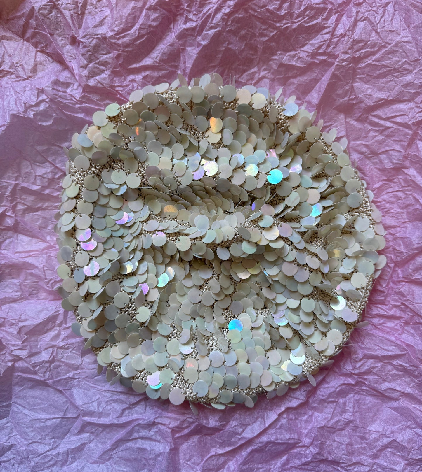 1960s Opal Cream Pailette Sequin Hand Made Crochet Beret