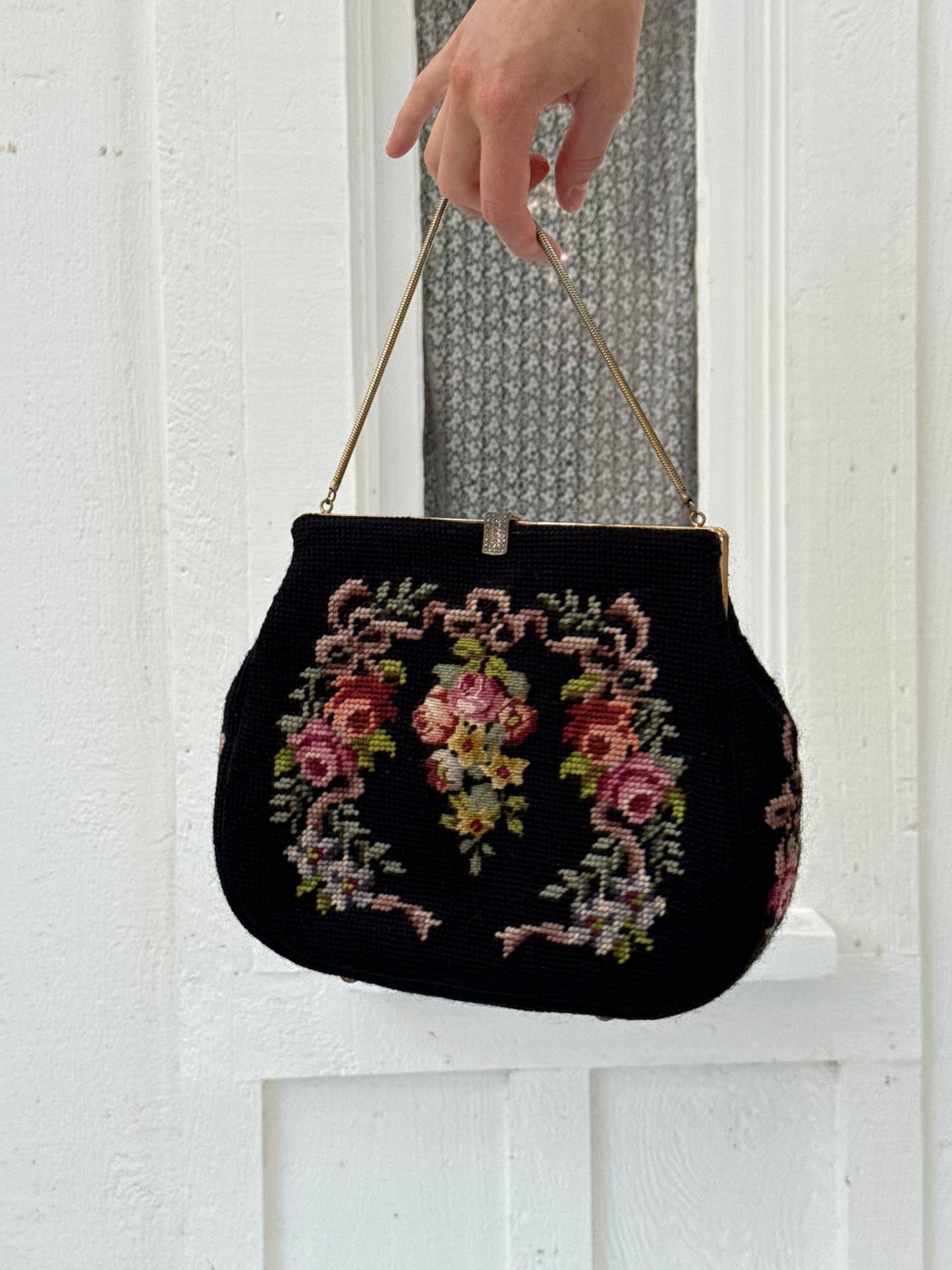 1950s Black Floral Needlepoint Tapestry Handbag with Accessories