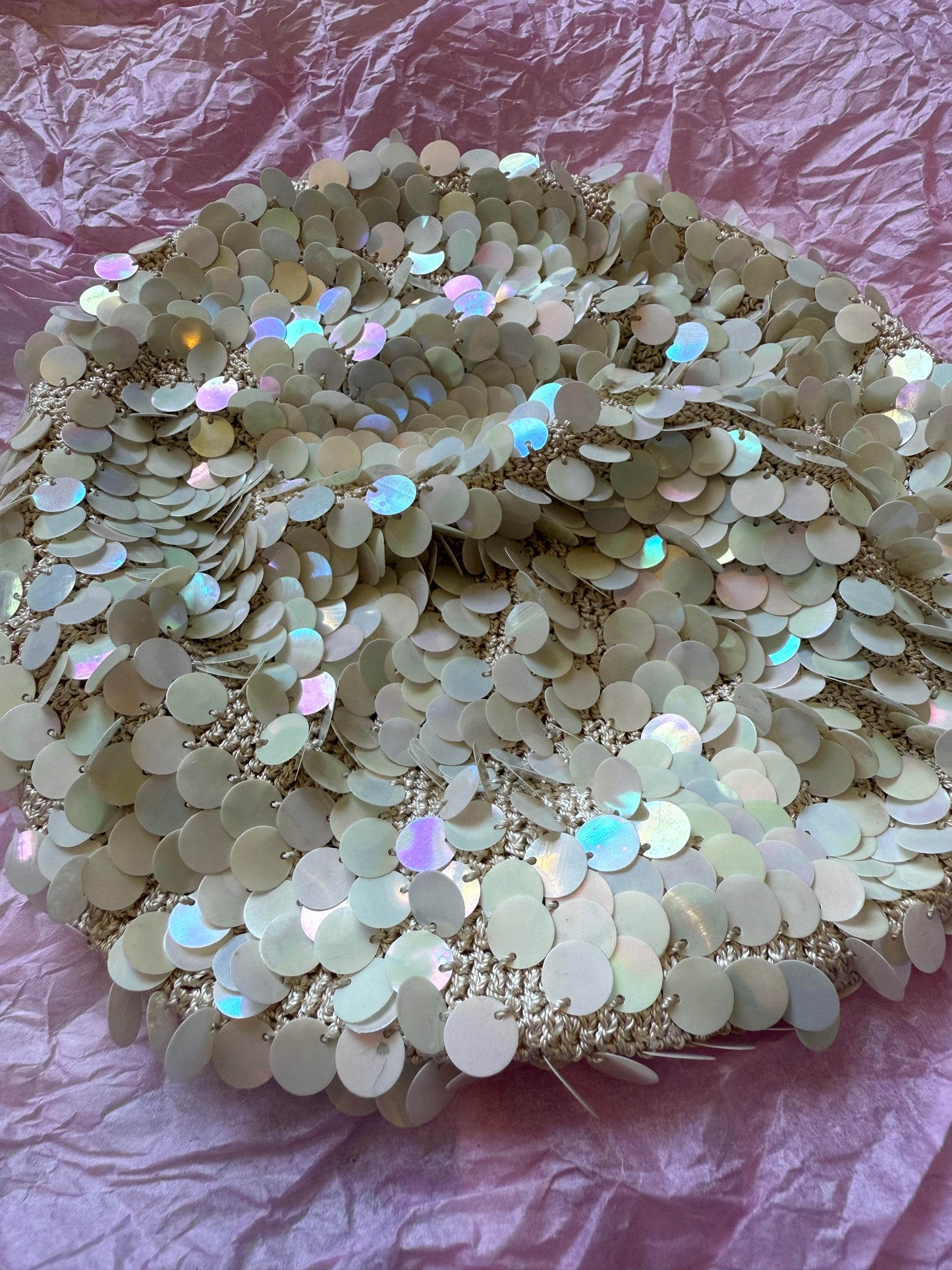 1960s Opal Cream Pailette Sequin Hand Made Crochet Beret