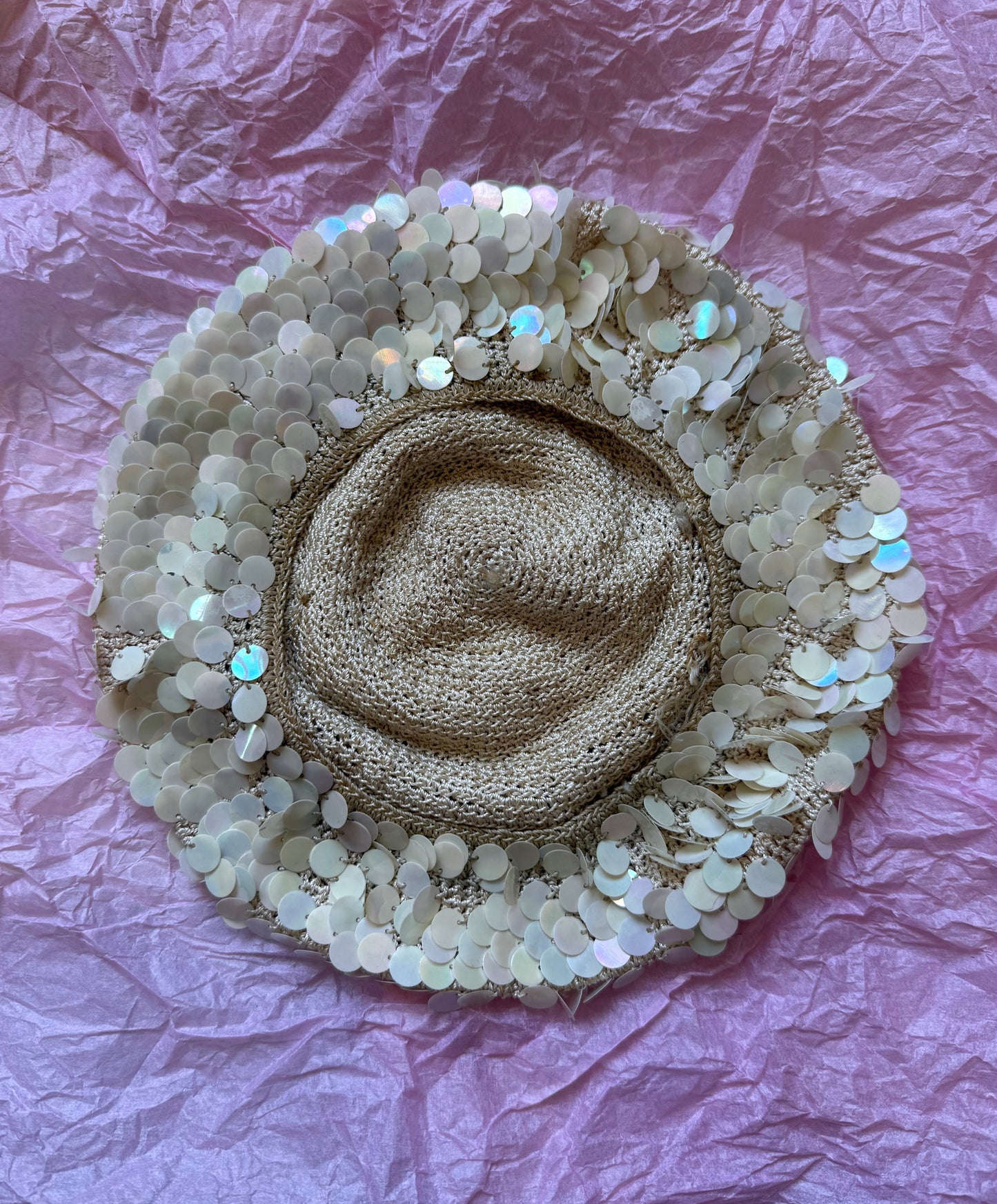 1960s Opal Cream Pailette Sequin Hand Made Crochet Beret