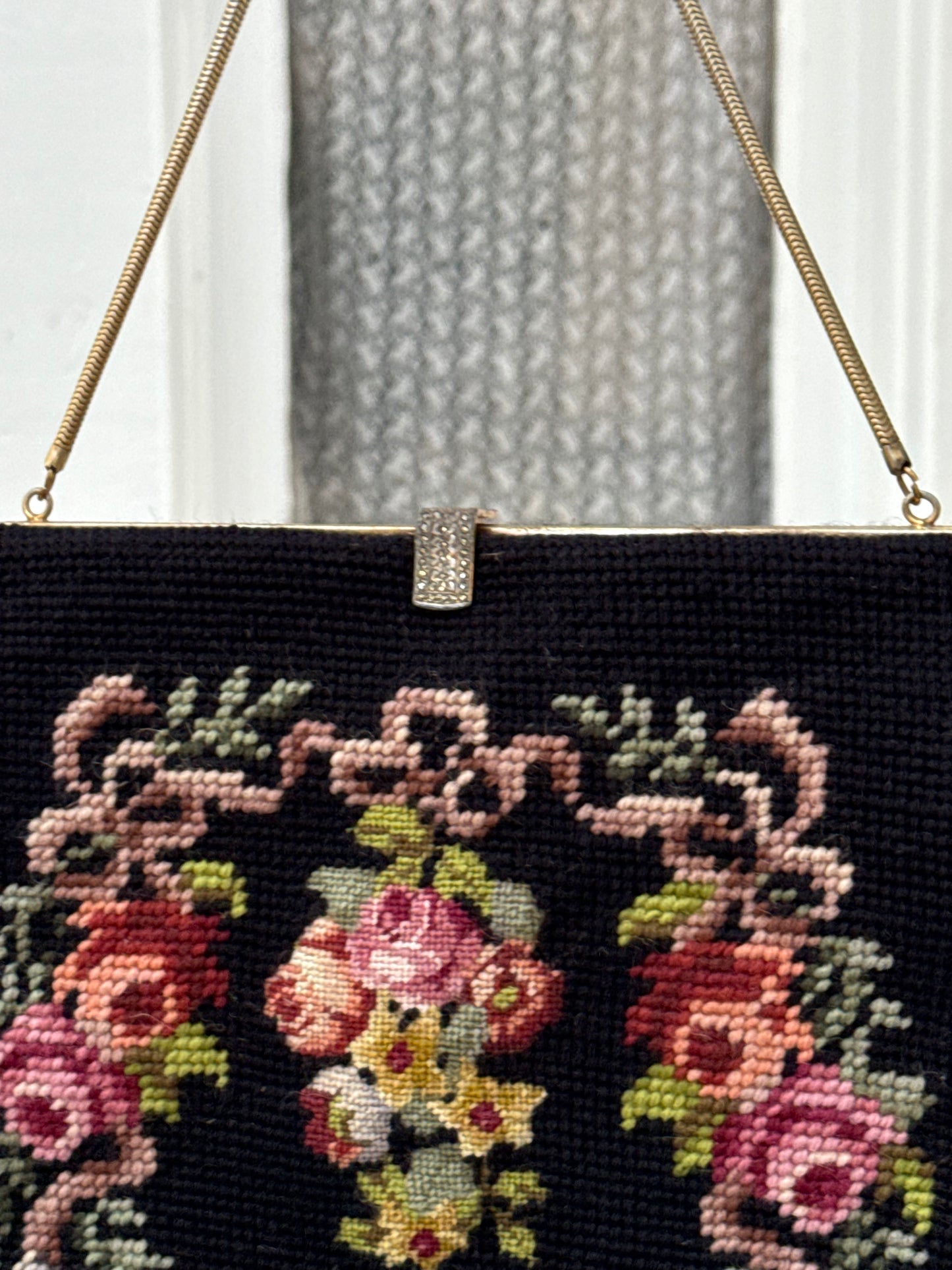 1950s Black Floral Needlepoint Tapestry Handbag with Accessories