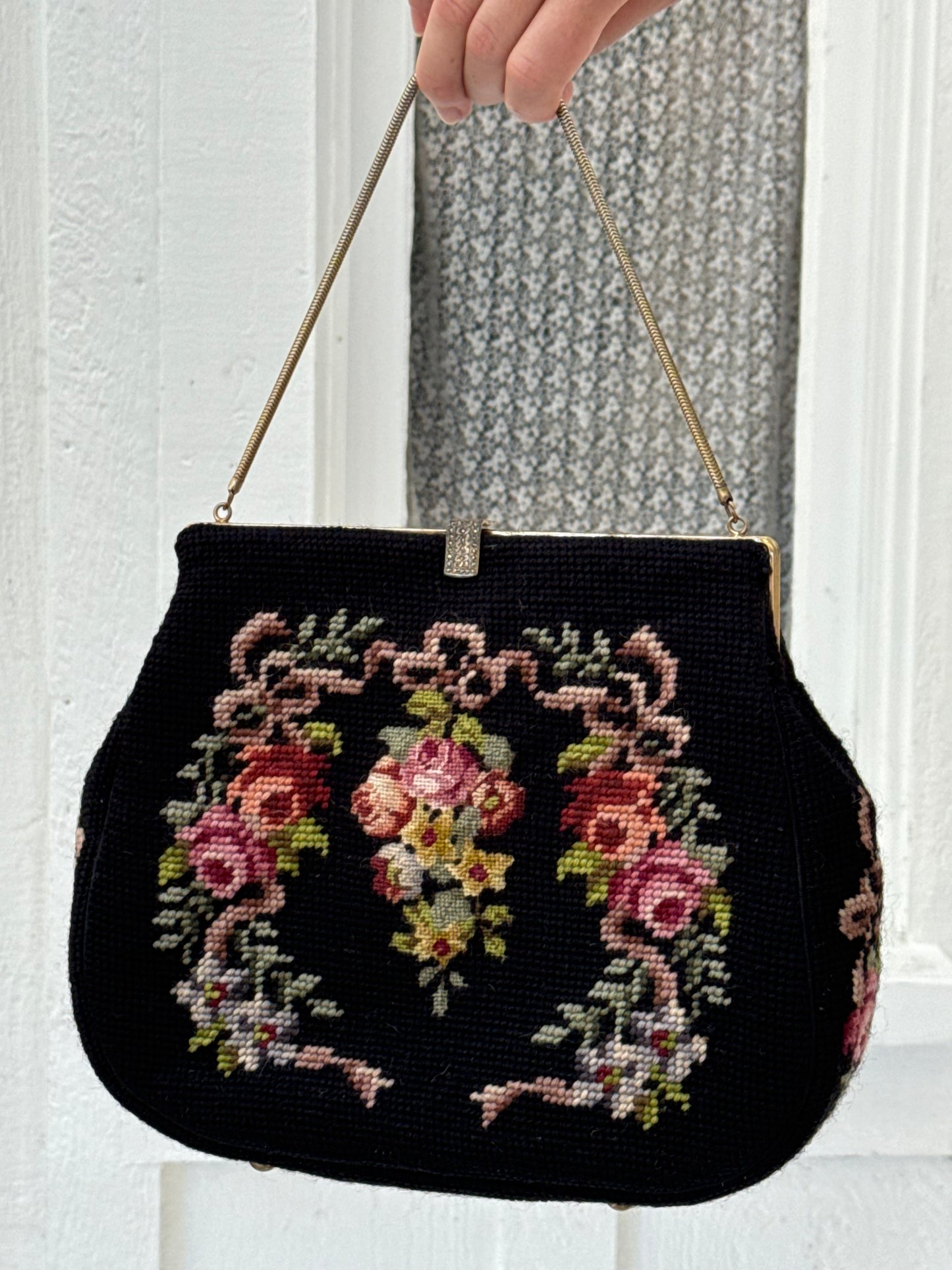 1950s Black Floral Needlepoint Tapestry Handbag with Accessories