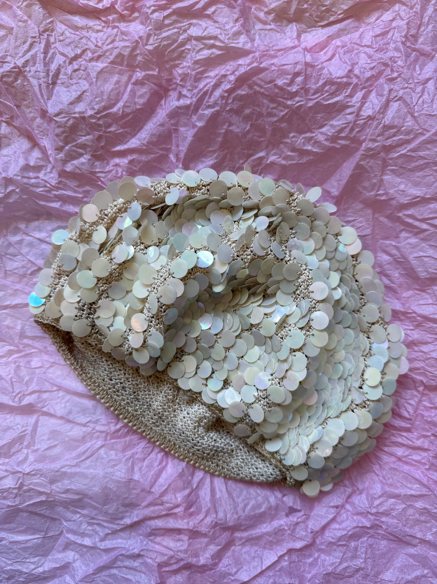 1960s Opal Cream Pailette Sequin Hand Made Crochet Beret
