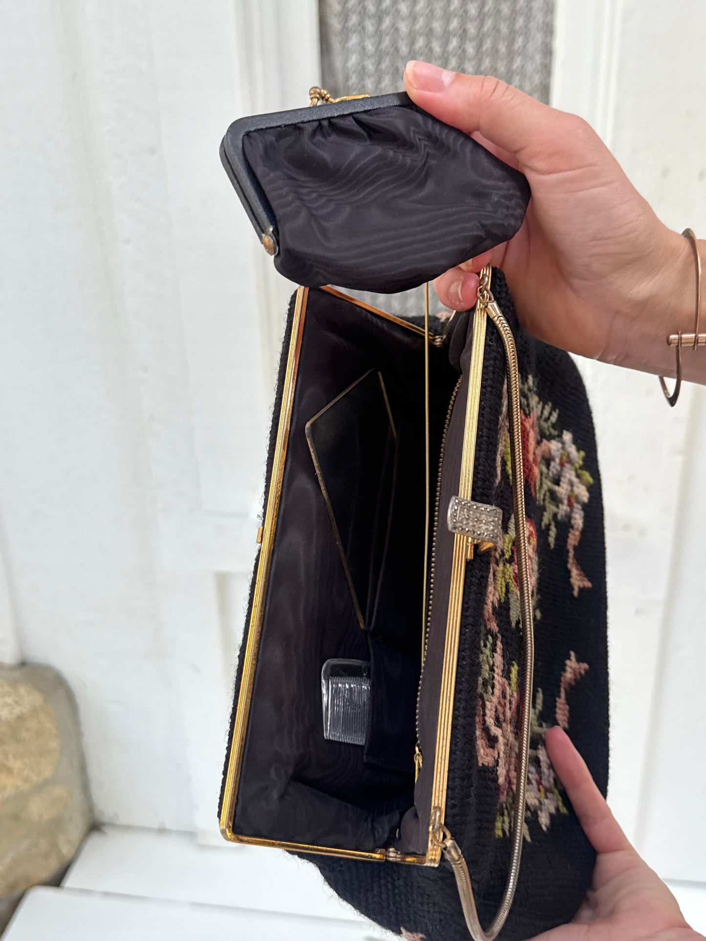 1950s Black Floral Needlepoint Tapestry Handbag with Accessories