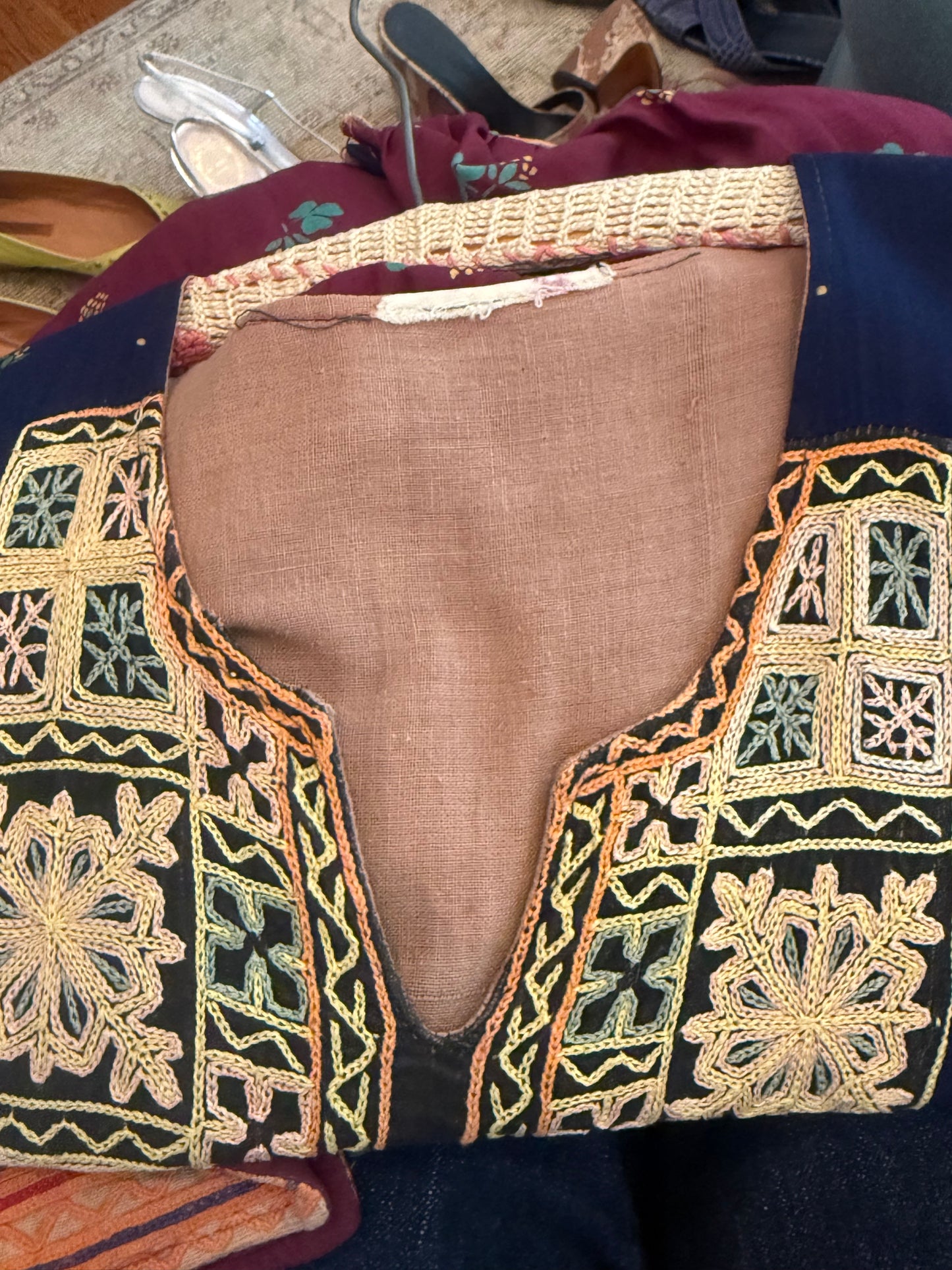 1970s Embroidered Afghan Patchwork Clover Printed Dress