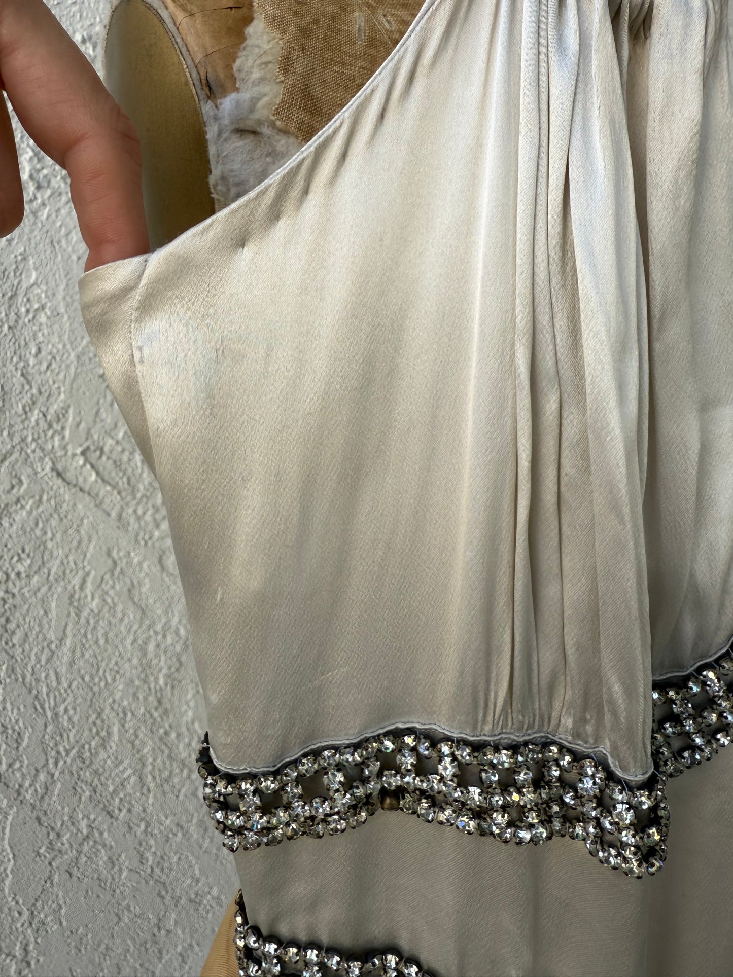 1930s Silk Satin Gown with Rhinestone Trim and Bows