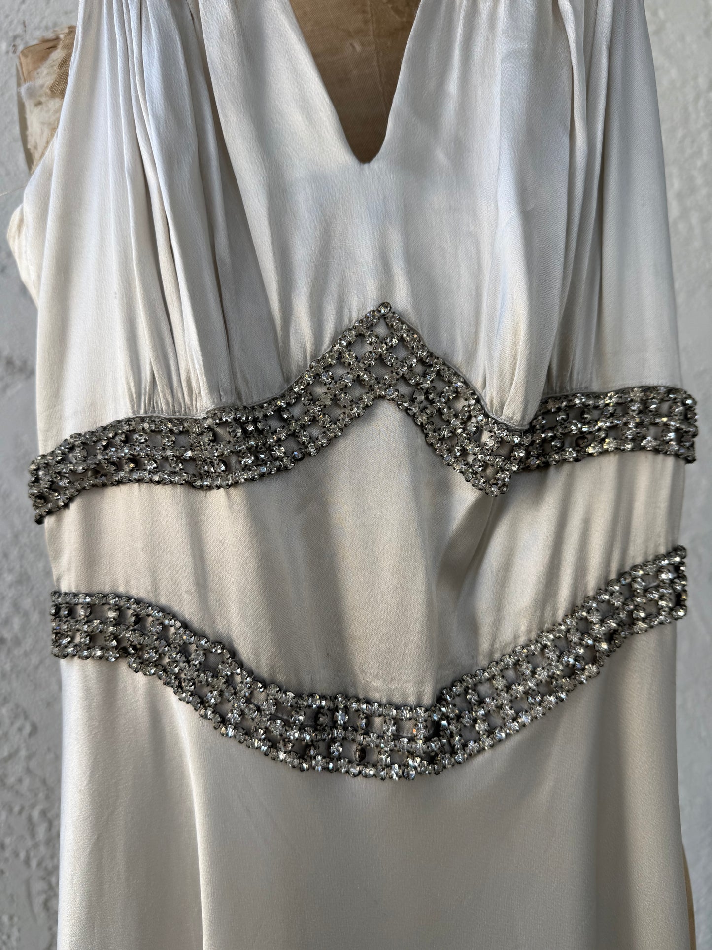 1930s Silk Satin Gown with Rhinestone Trim and Bows