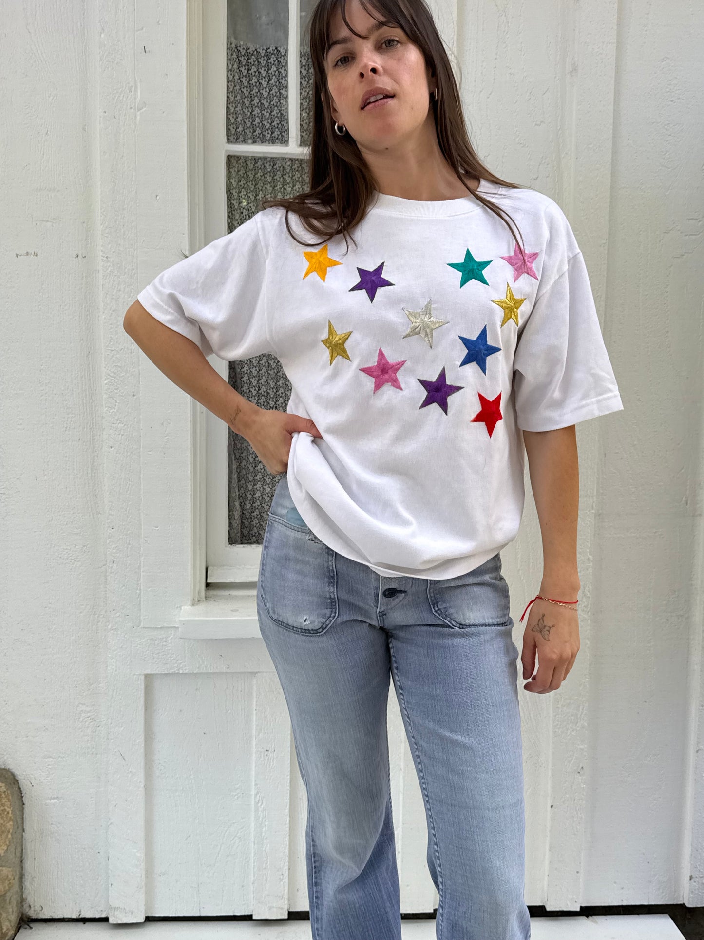 1980s Folette Rainbow Embroidered Stars Tee