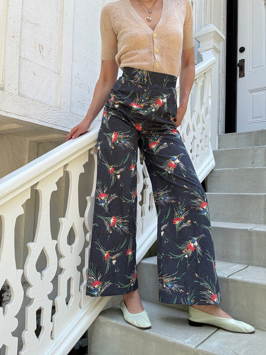 1970s Handmade High Waist Floral Printed Wide Leg Pants