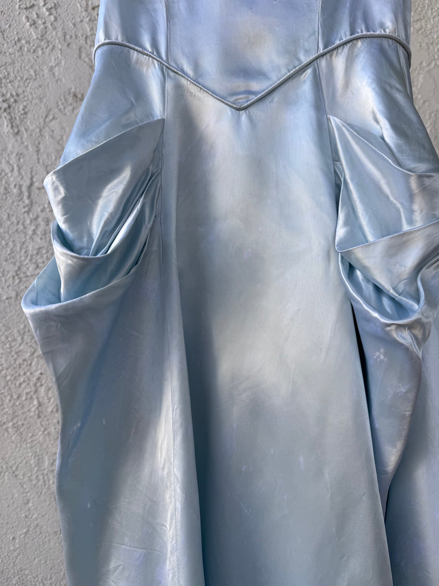 1940s Icy Blue Silk Satin Off Shoulder Gown with Draped Bow Hips As-Is