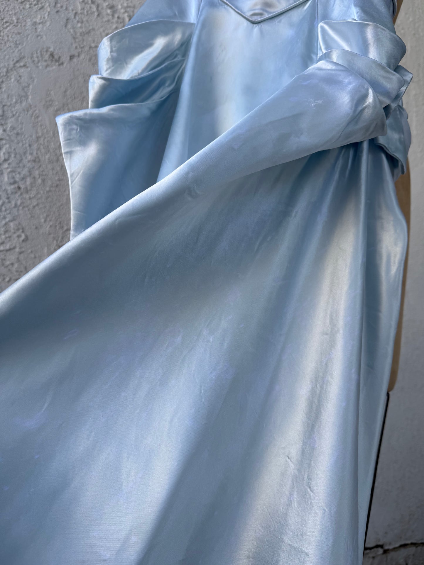 1940s Icy Blue Silk Satin Off Shoulder Gown with Draped Bow Hips As-Is