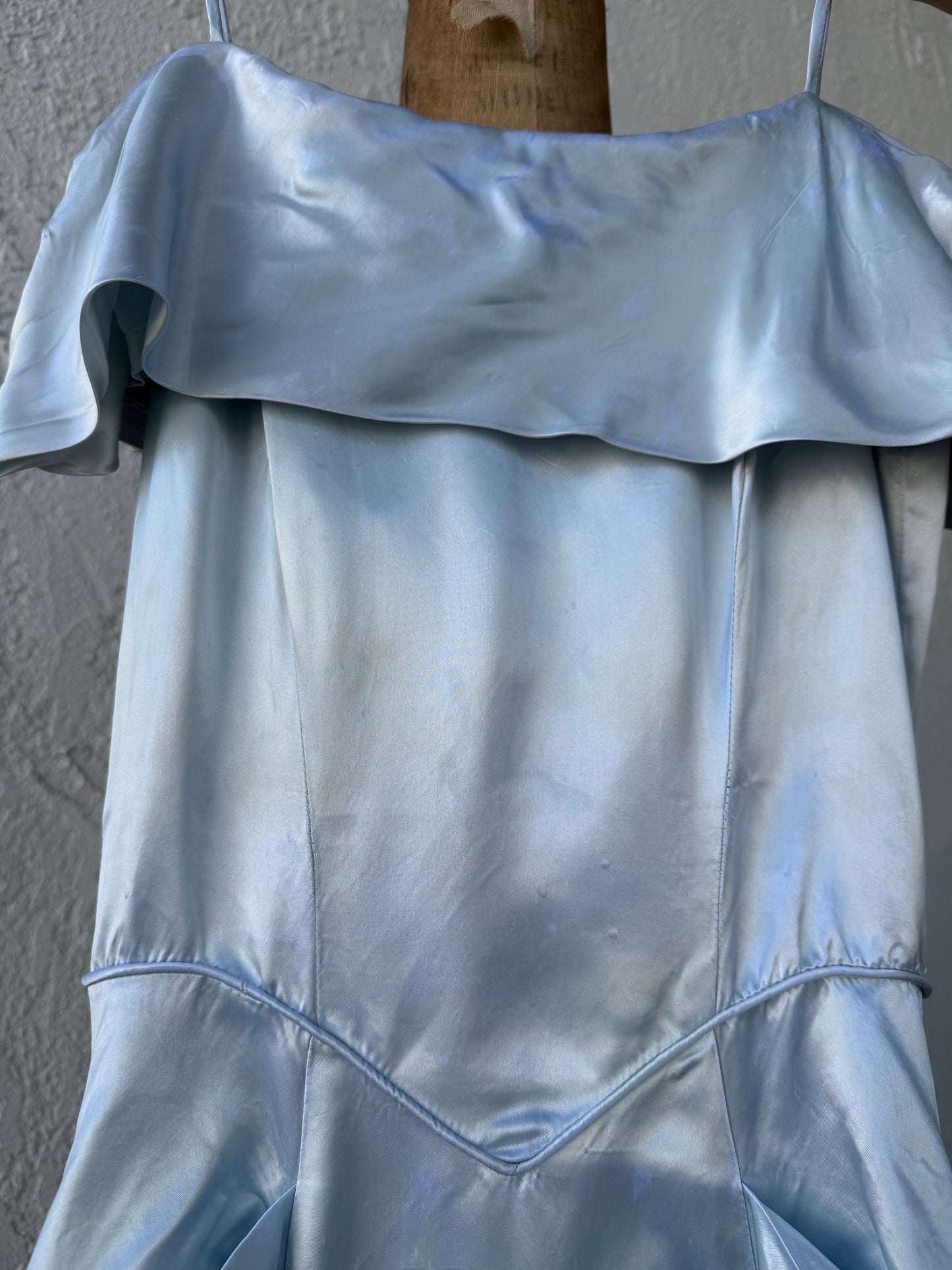 1940s Icy Blue Silk Satin Off Shoulder Gown with Draped Bow Hips As-Is