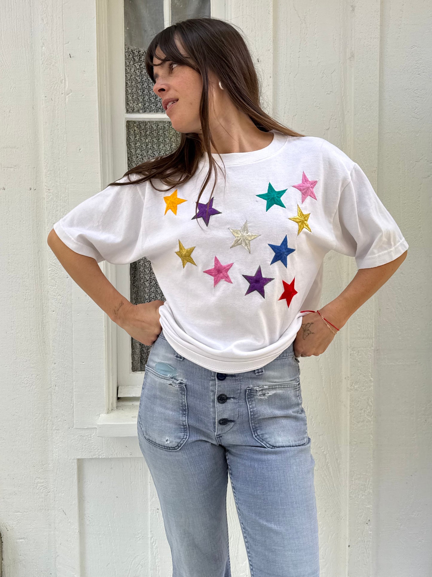 1980s Folette Rainbow Embroidered Stars Tee