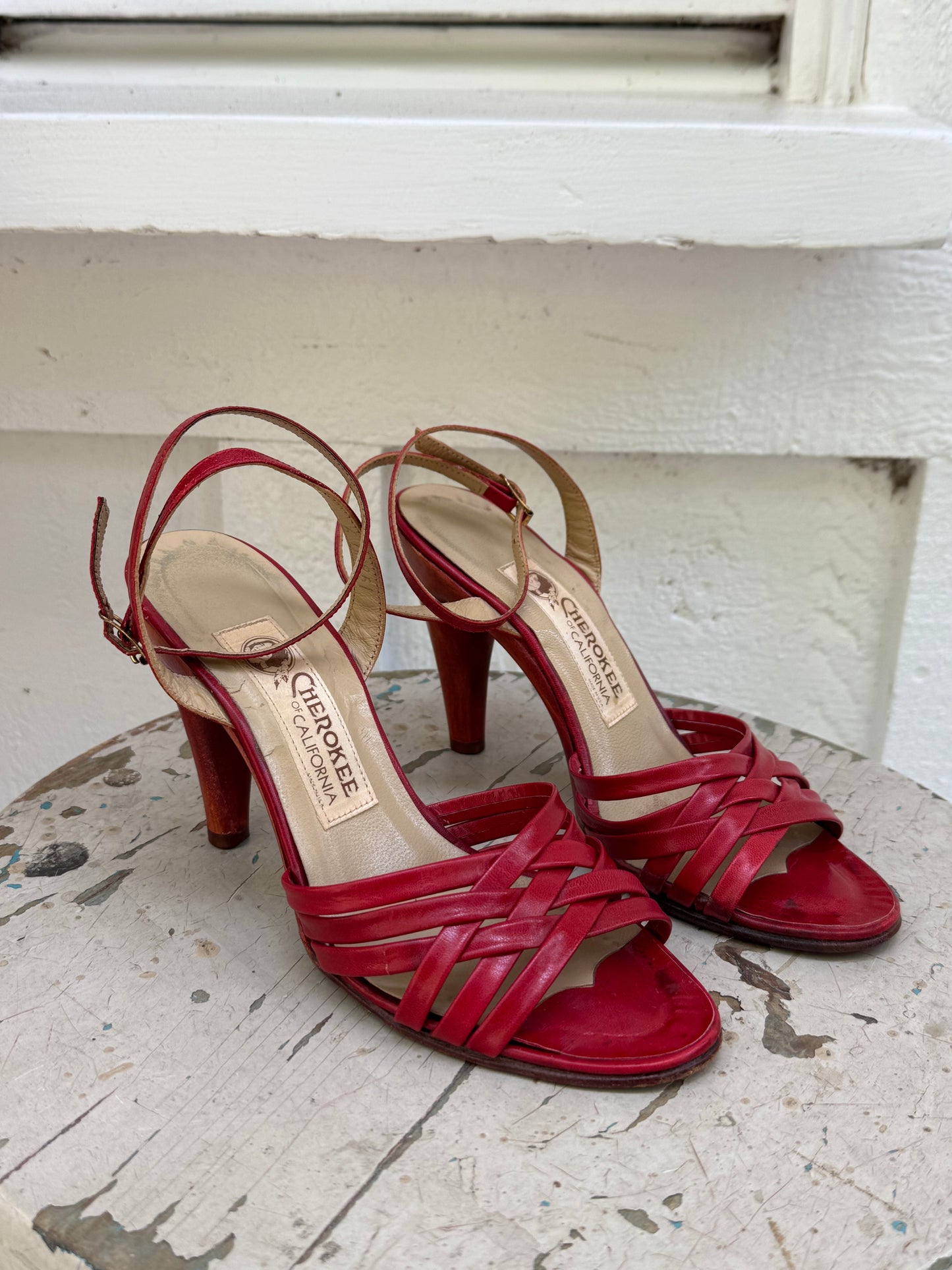 1970s Cherokee Red Leather Strappy Heels 6