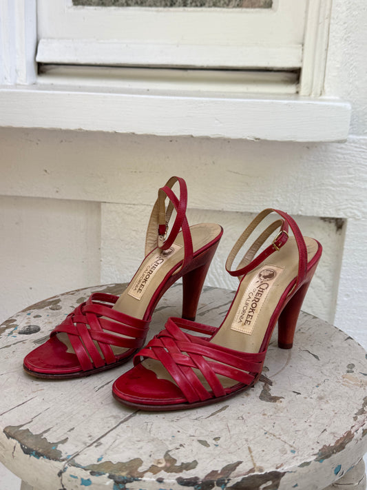 1970s Cherokee Red Leather Strappy Heels 6