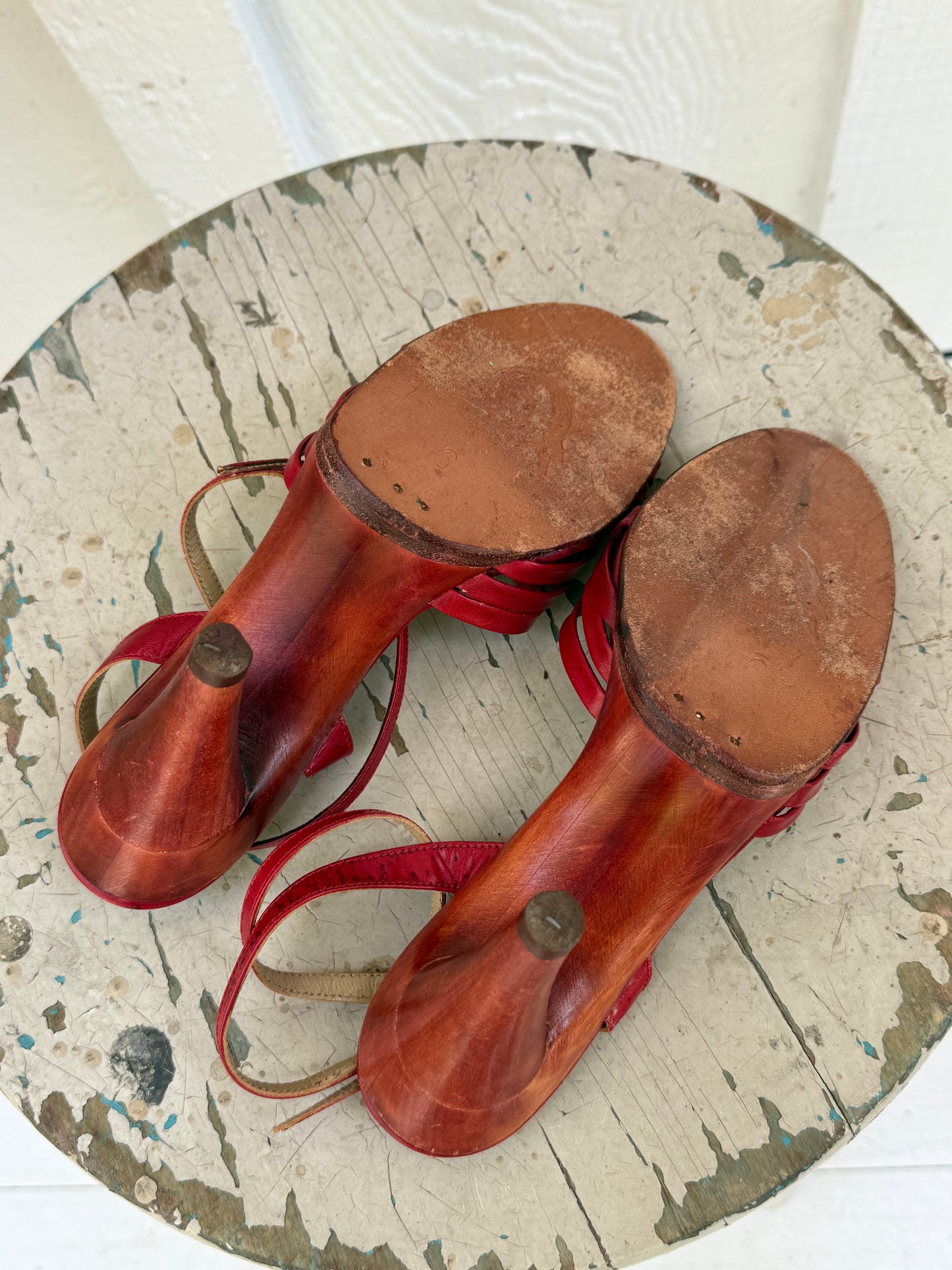 1970s Cherokee Red Leather Strappy Heels 6