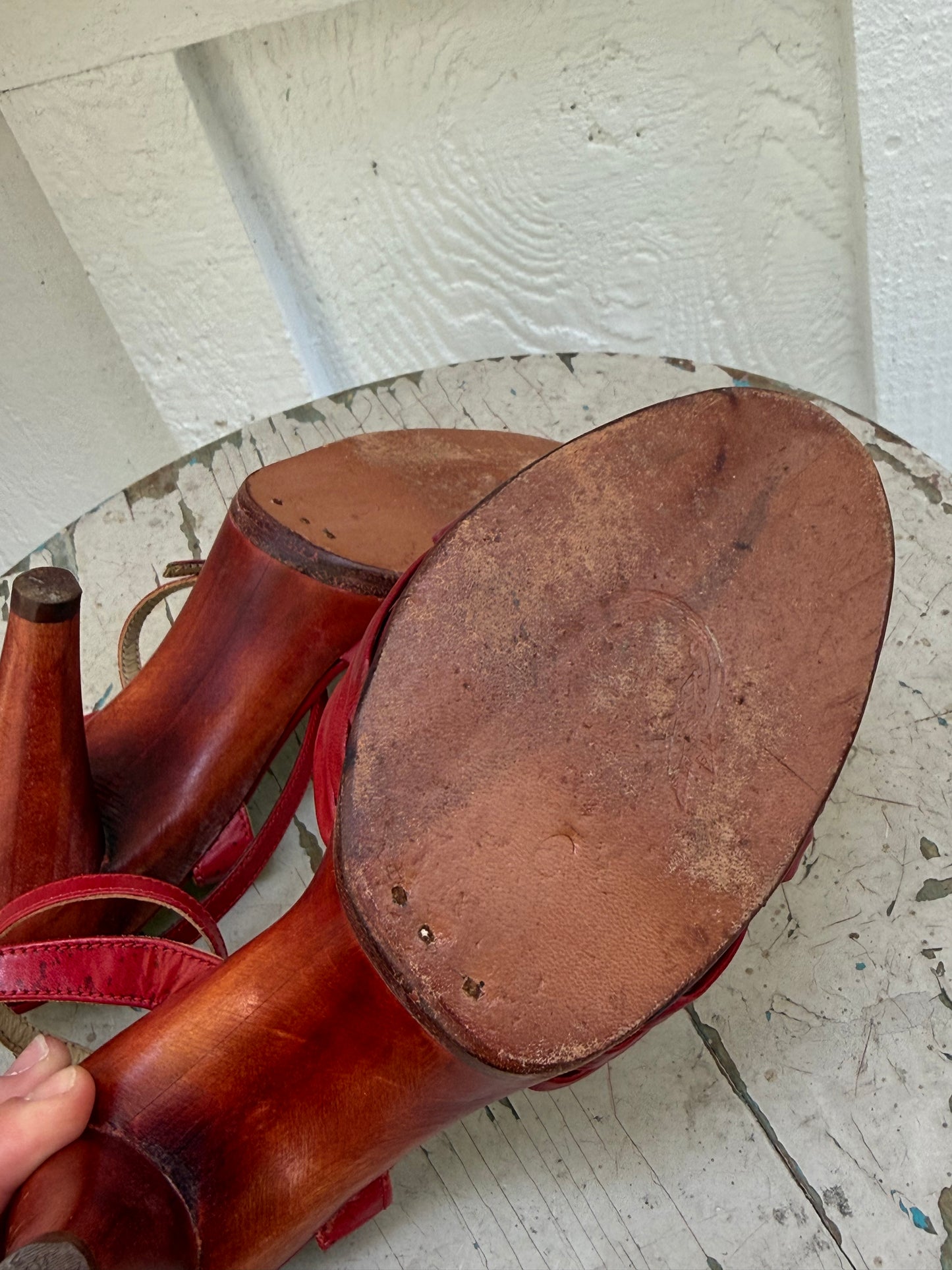 1970s Cherokee Red Leather Strappy Heels 6