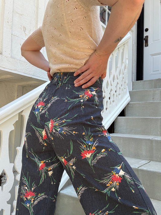 1970s Handmade High Waist Floral Printed Wide Leg Pants