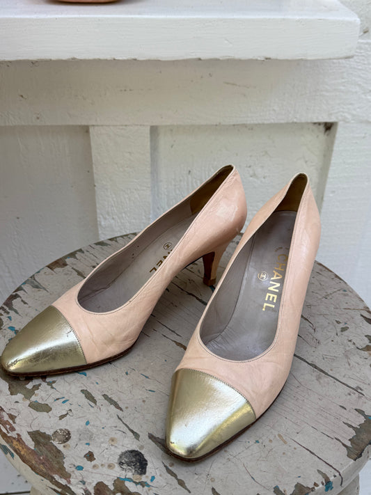 1980s Chanel Pink with Metallic Cap Toe Pumps