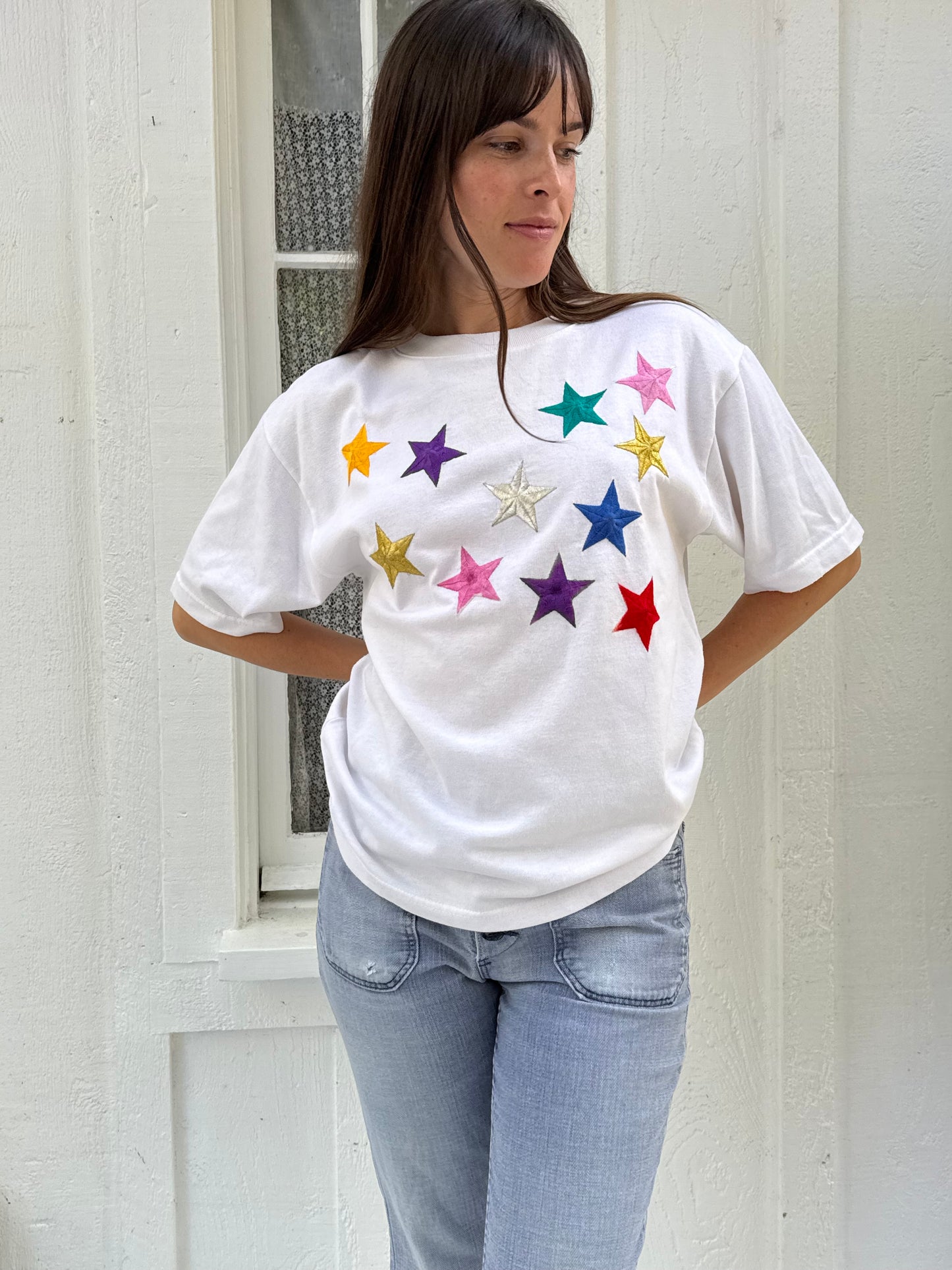 1980s Folette Rainbow Embroidered Stars Tee