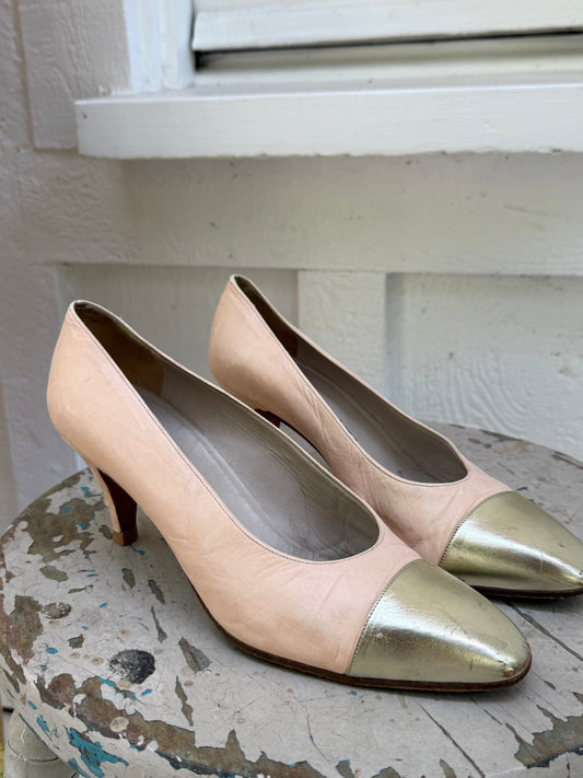 1980s Chanel Pink with Metallic Cap Toe Pumps