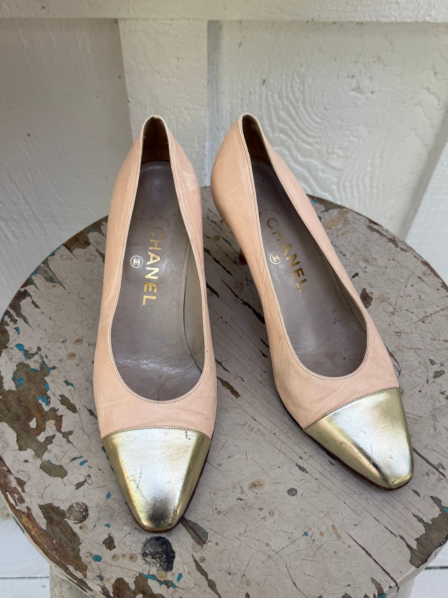 1980s Chanel Pink with Metallic Cap Toe Pumps