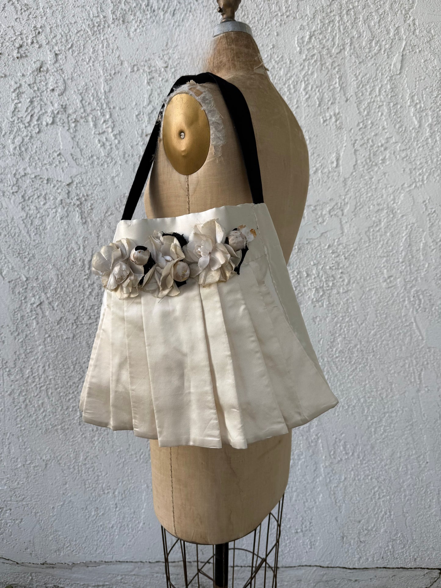 Vintage Silk Satin Handmade Bridal Tote with French Silk Flowers