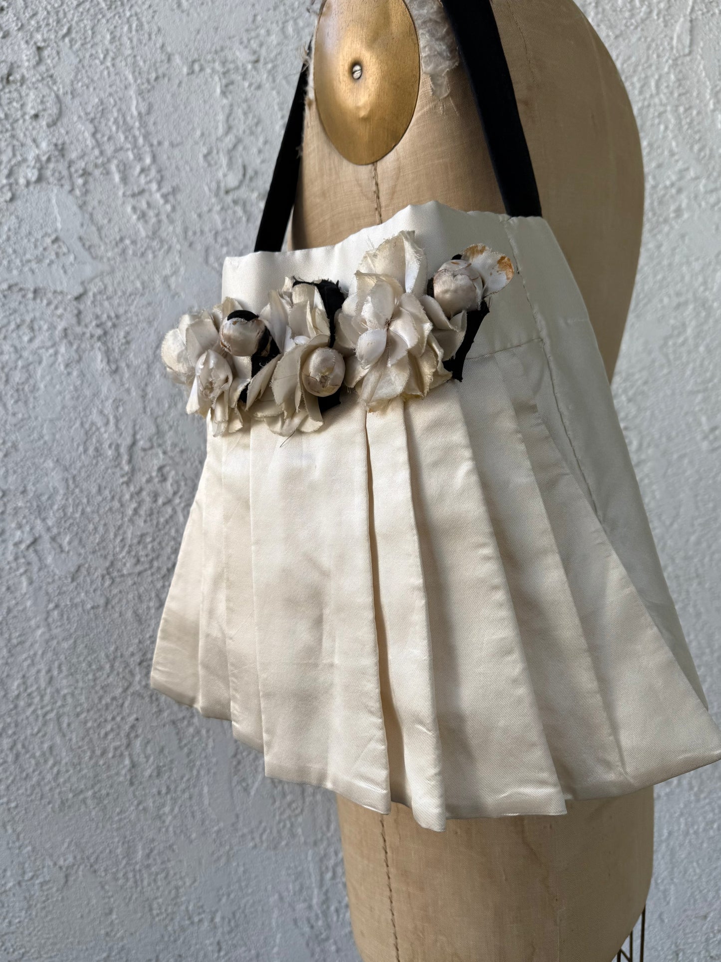 Vintage Silk Satin Handmade Bridal Tote with French Silk Flowers
