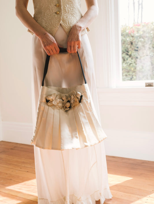 Vintage Silk Satin Handmade Bridal Tote with French Silk Flowers