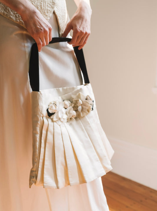 Vintage Silk Satin Handmade Bridal Tote with French Silk Flowers