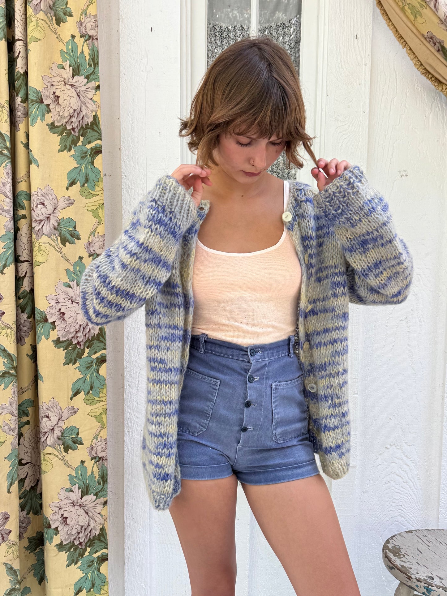 1960s Italian Blue Space Dye Mohair and Wool Cardigan