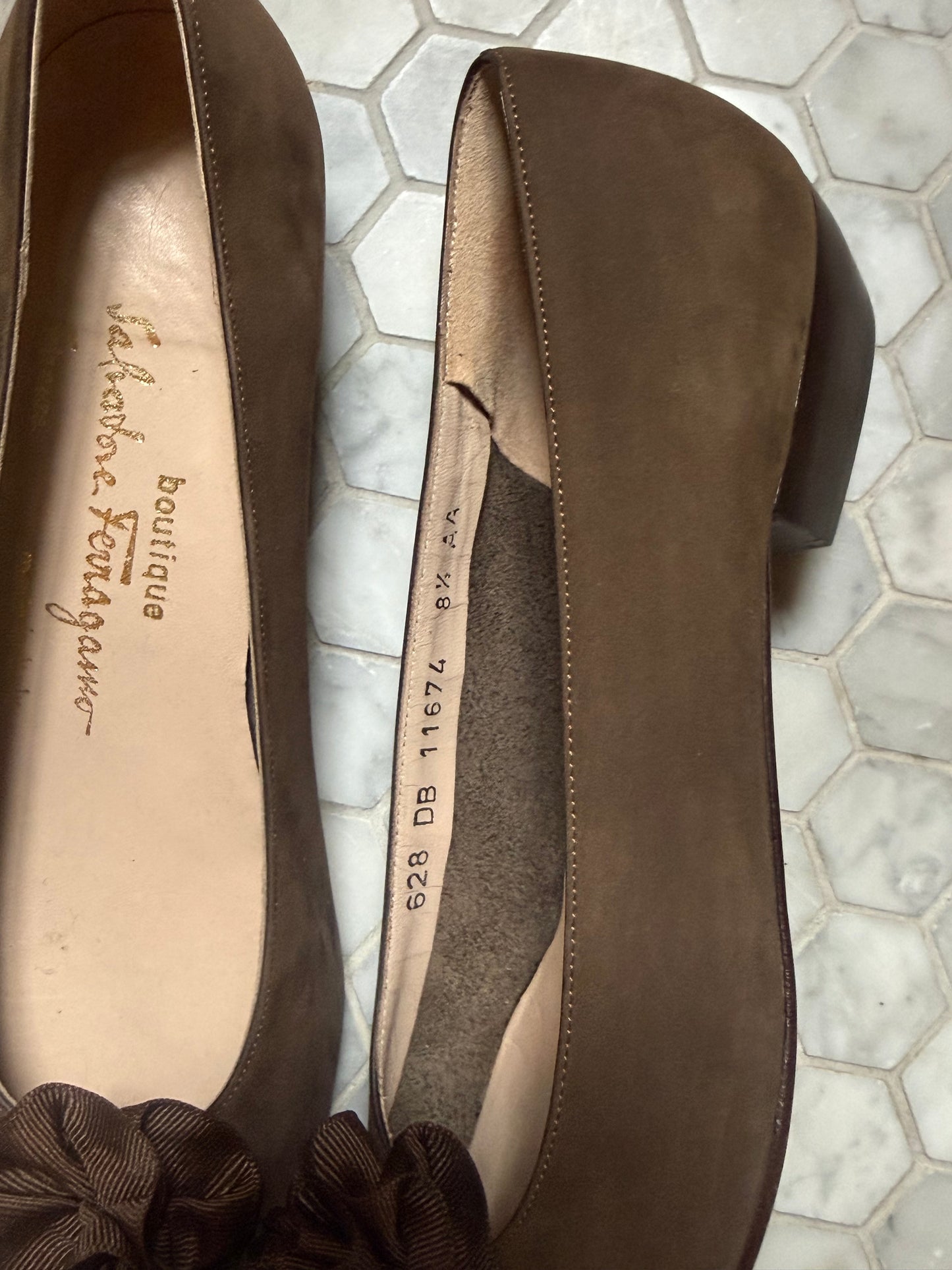 1980s Salvatore Ferragamo Brown Suede Flats with Flower