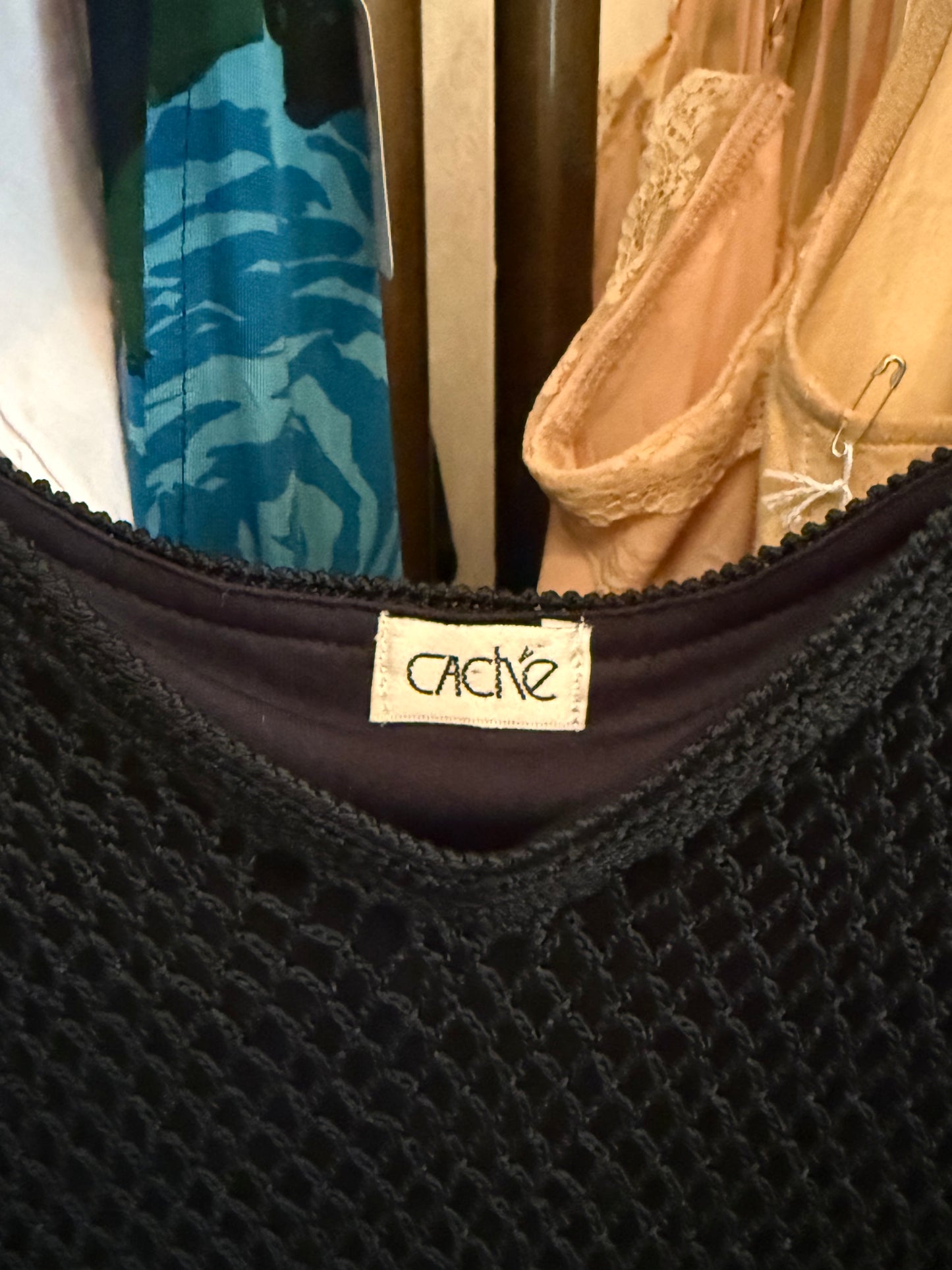 1990s Cache Black Beaded Crochet Asymmetrical Midi Dress