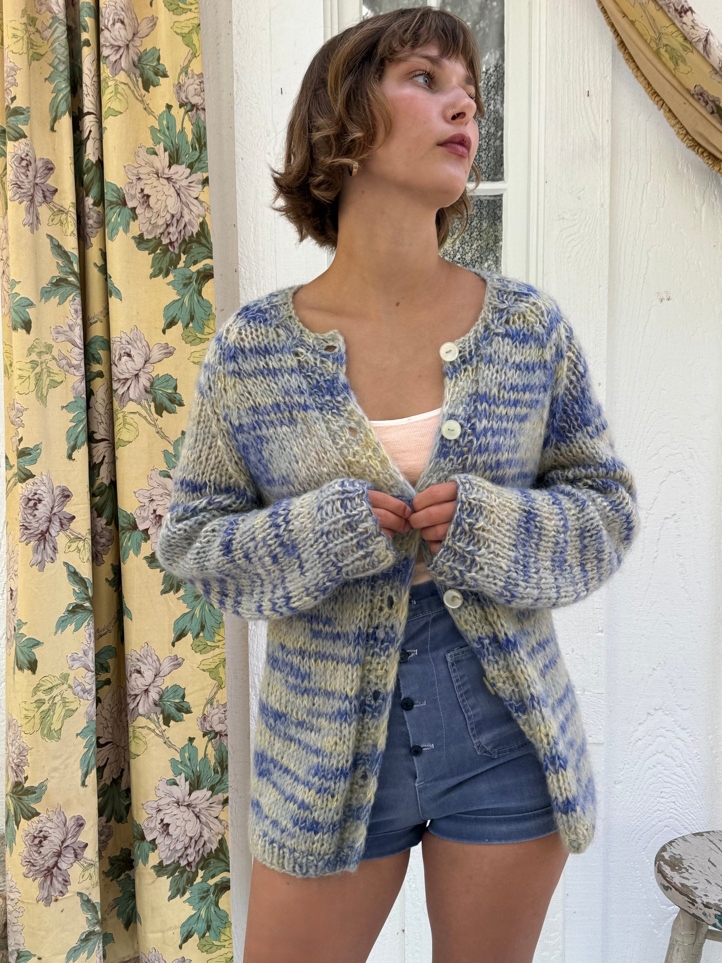 1960s Italian Blue Space Dye Mohair and Wool Cardigan