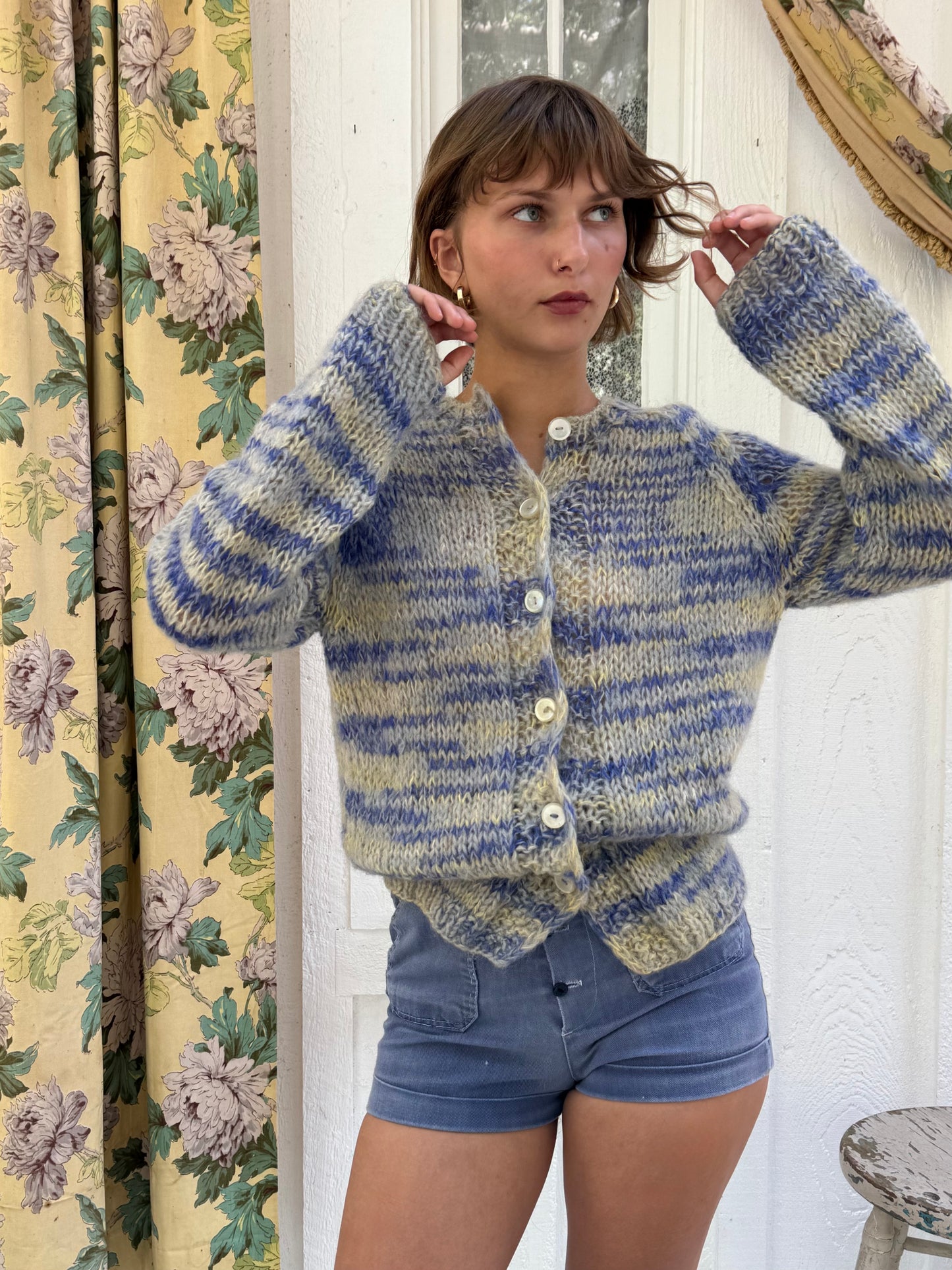 1960s Italian Blue Space Dye Mohair and Wool Cardigan