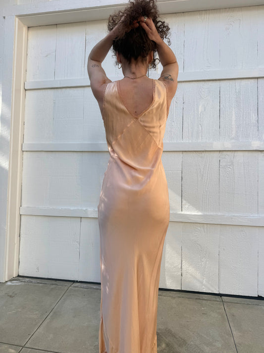 1940s Pink Silk Lace Trimmed Slip Dress