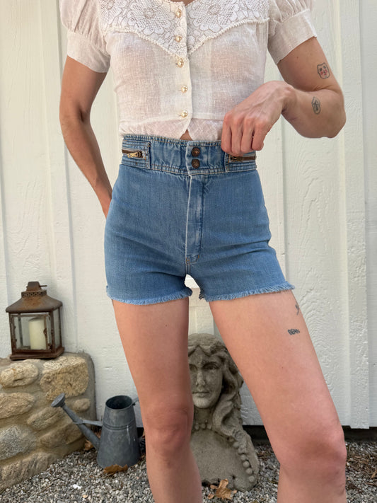 1970s High Waist Medium Wash Soft Denim Cut Offs