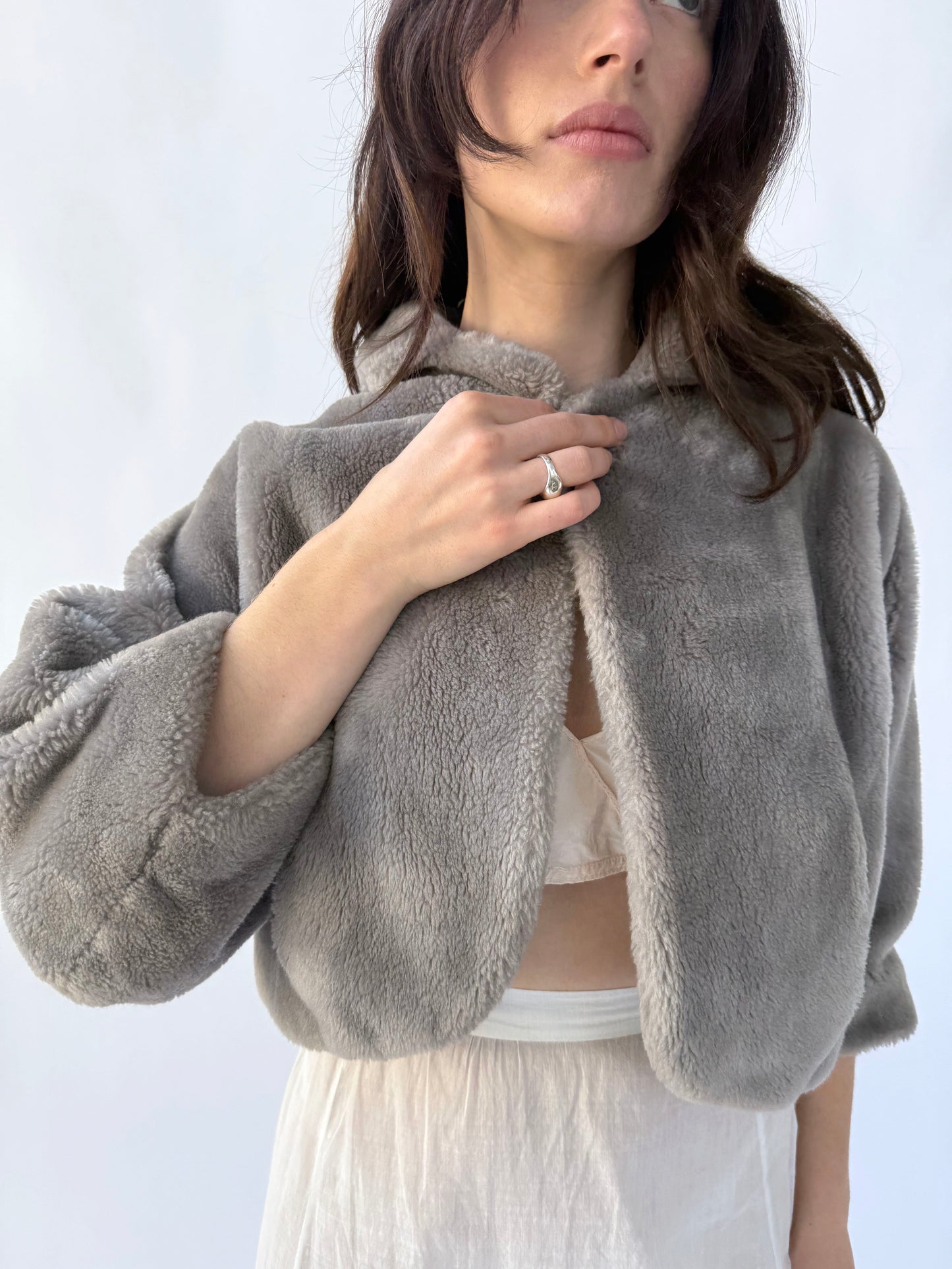 1950s Chubby Grey Faux Fur Shrug Jacket
