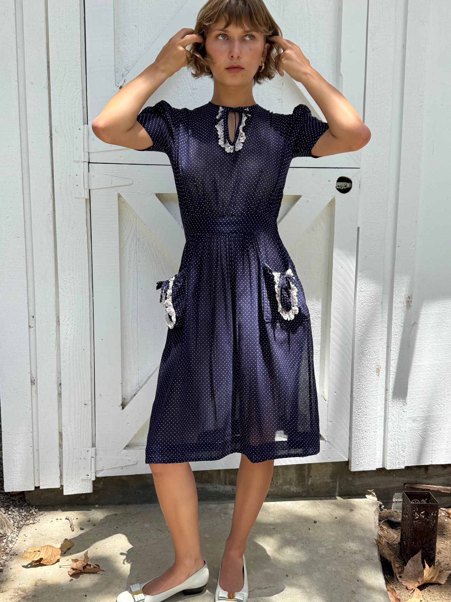 1940s Navy Polka Dot Dress