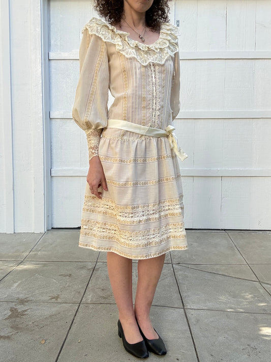 1980s Handmade Drop Waist Lace Trimmed Dress