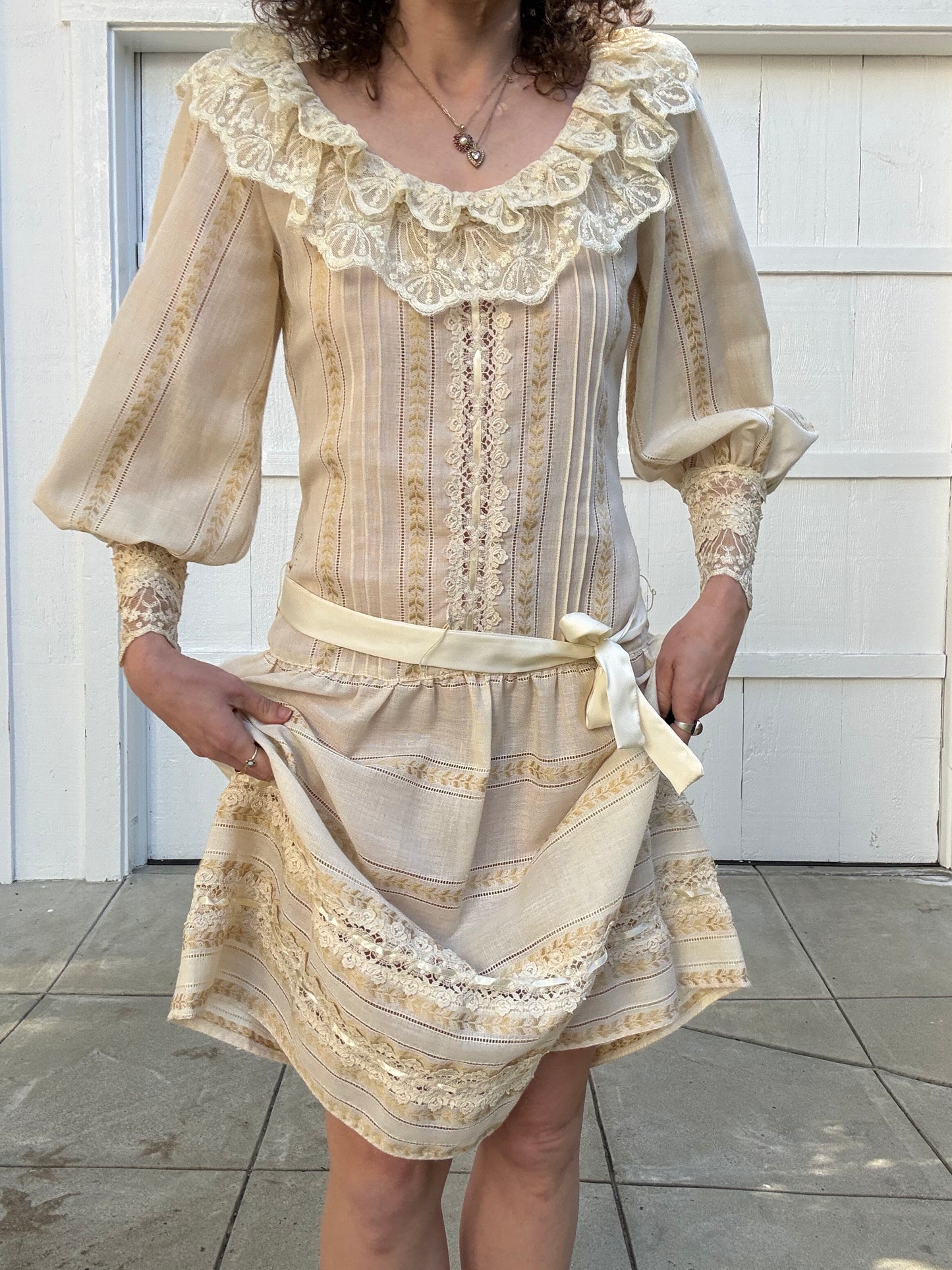 1980s Handmade Drop Waist Lace Trimmed Dress