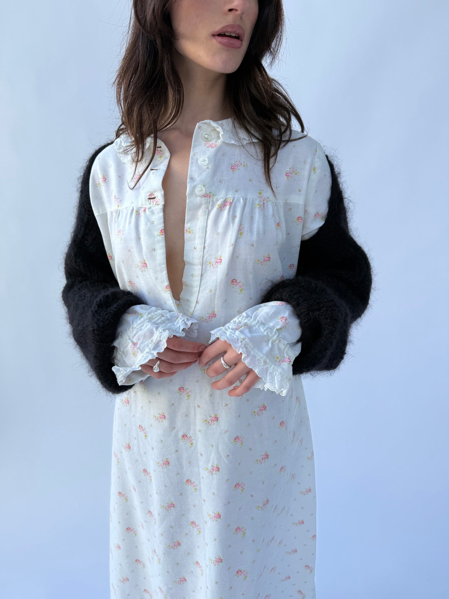 1940s Floral Cotton Long Sleeve Ruffle Trim Dress