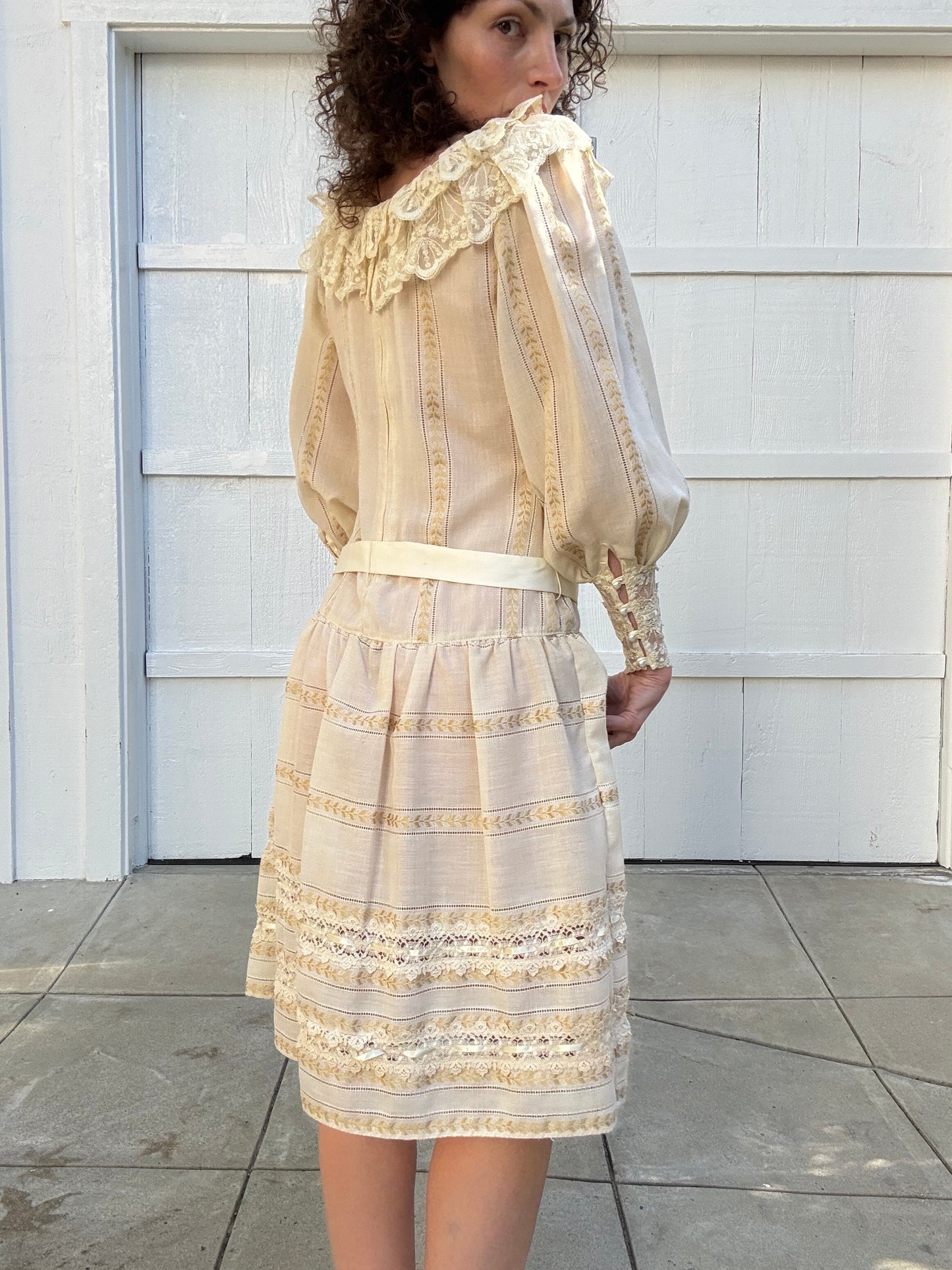 1980s Handmade Drop Waist Lace Trimmed Dress