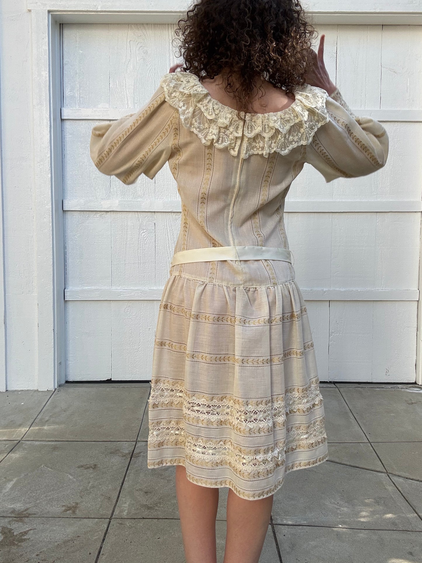 1980s Handmade Drop Waist Lace Trimmed Dress