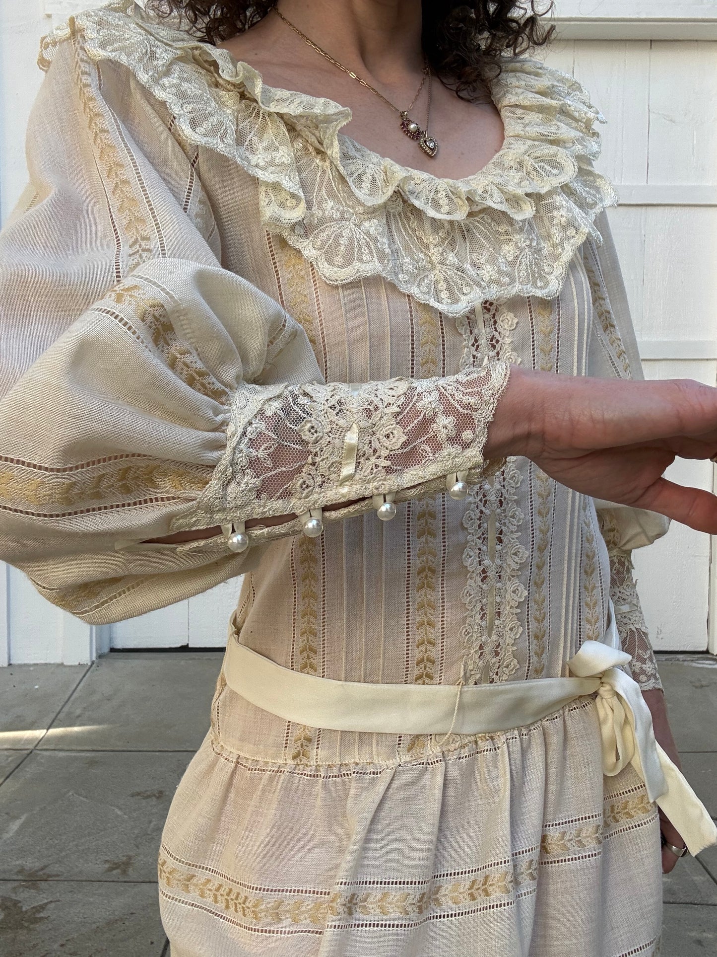 1980s Handmade Drop Waist Lace Trimmed Dress