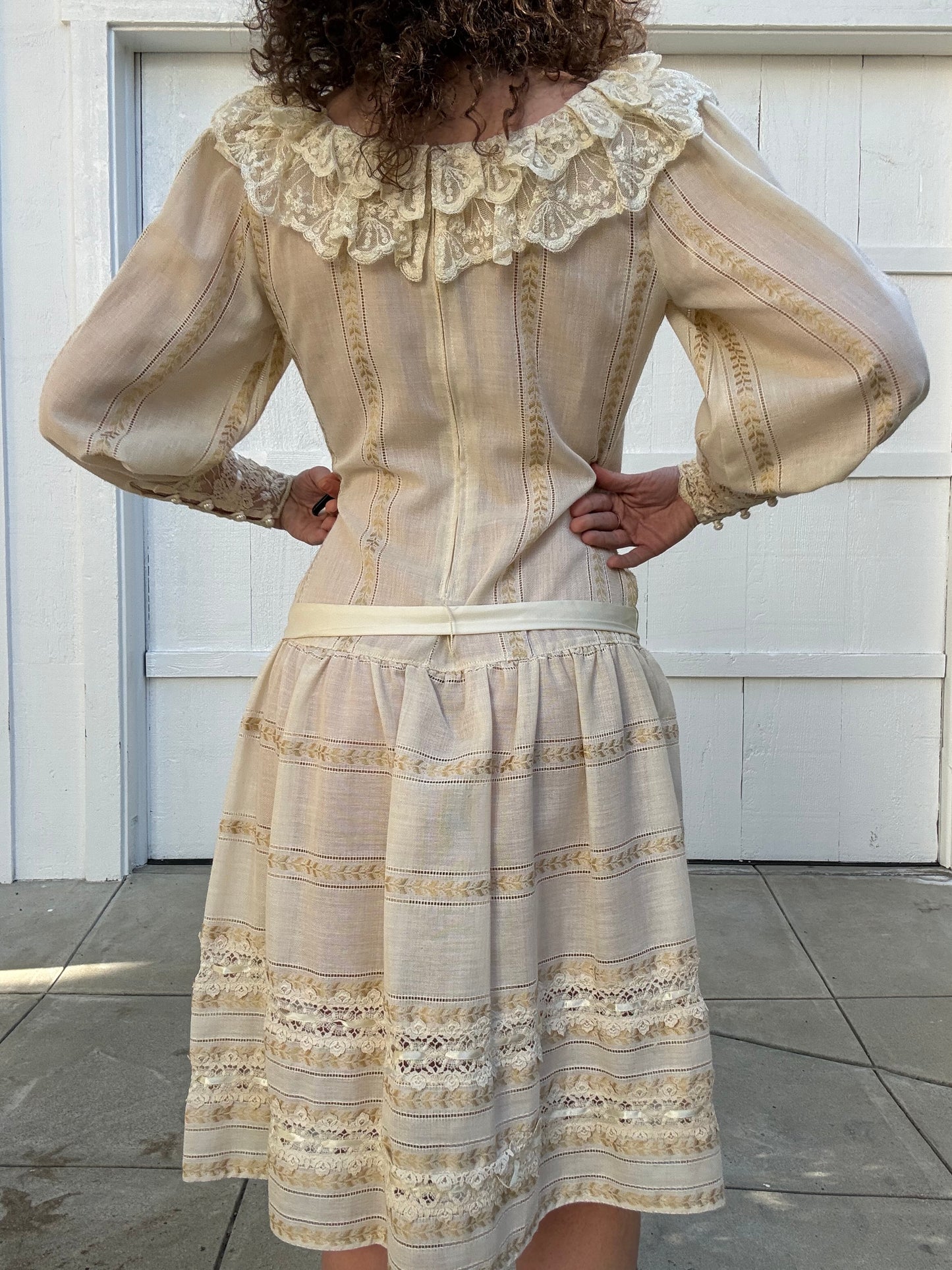 1980s Handmade Drop Waist Lace Trimmed Dress